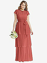 Front View Thumbnail - Coral Pink Flutter Sleeve Jewel Neck Chiffon Maxi Dress with Tiered Ruffle Skirt