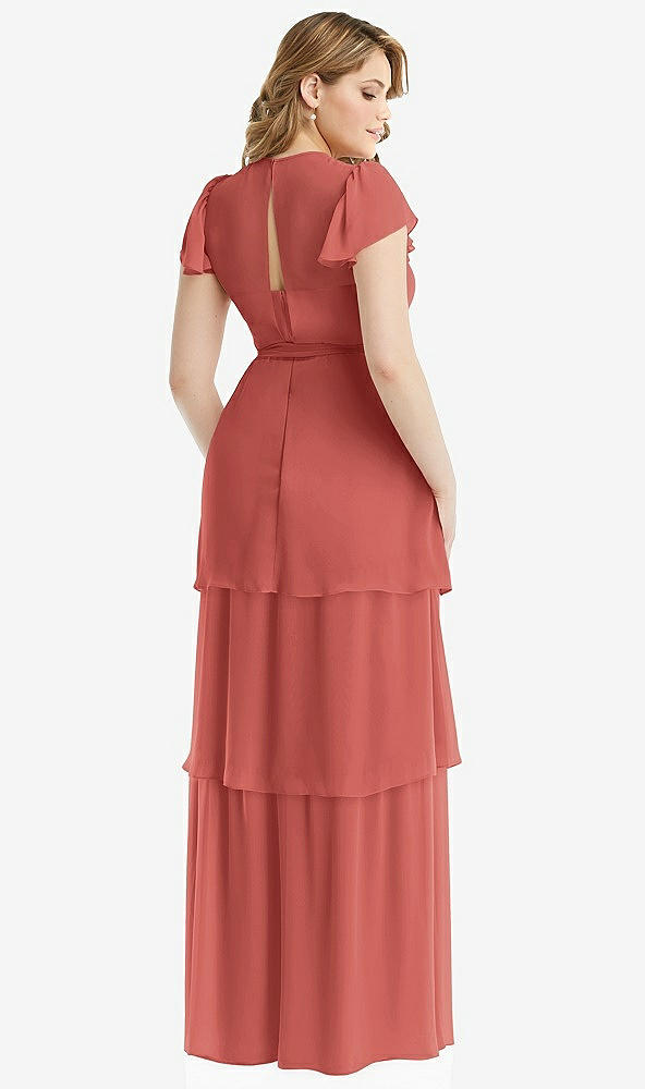 Back View - Coral Pink Flutter Sleeve Jewel Neck Chiffon Maxi Dress with Tiered Ruffle Skirt