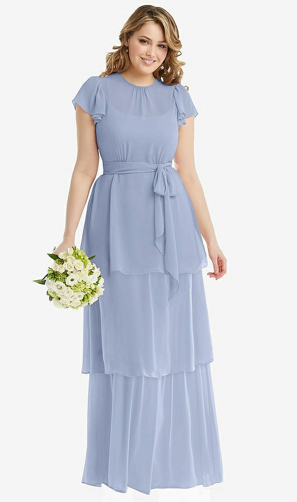Front View - Sky Blue Flutter Sleeve Jewel Neck Chiffon Maxi Dress with Tiered Ruffle Skirt