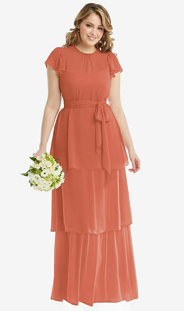 Front View - Terracotta Copper Flutter Sleeve Jewel Neck Chiffon Maxi Dress with Tiered Ruffle Skirt