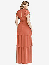 Rear View Thumbnail - Terracotta Copper Flutter Sleeve Jewel Neck Chiffon Maxi Dress with Tiered Ruffle Skirt