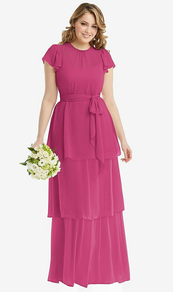 Front View - Tea Rose Flutter Sleeve Jewel Neck Chiffon Maxi Dress with Tiered Ruffle Skirt