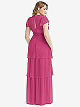 Rear View Thumbnail - Tea Rose Flutter Sleeve Jewel Neck Chiffon Maxi Dress with Tiered Ruffle Skirt