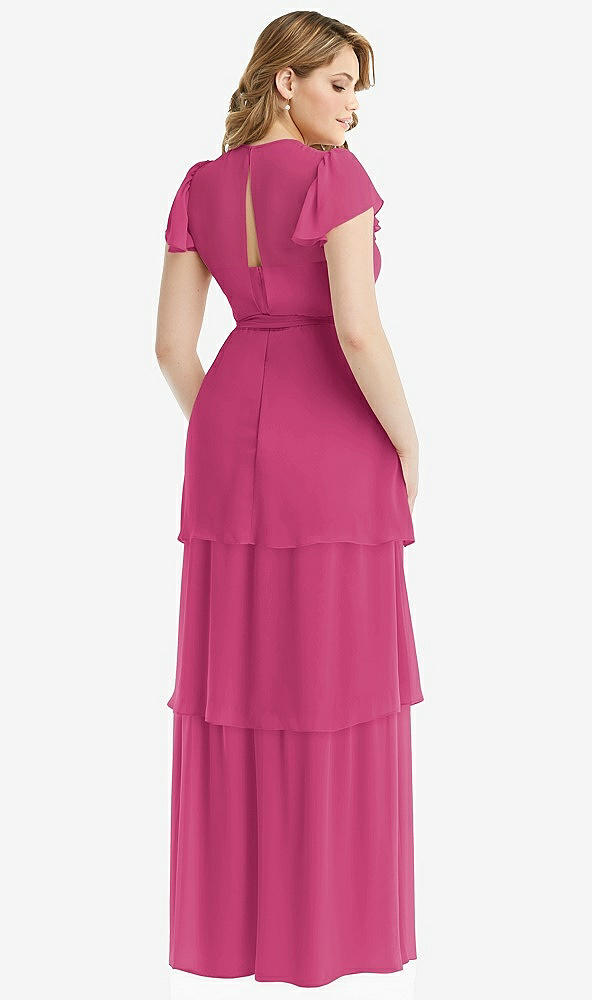 Back View - Tea Rose Flutter Sleeve Jewel Neck Chiffon Maxi Dress with Tiered Ruffle Skirt