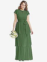 Front View Thumbnail - Vineyard Green Flutter Sleeve Jewel Neck Chiffon Maxi Dress with Tiered Ruffle Skirt