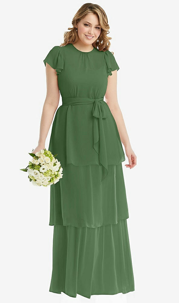 Front View - Vineyard Green Flutter Sleeve Jewel Neck Chiffon Maxi Dress with Tiered Ruffle Skirt