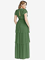 Rear View Thumbnail - Vineyard Green Flutter Sleeve Jewel Neck Chiffon Maxi Dress with Tiered Ruffle Skirt