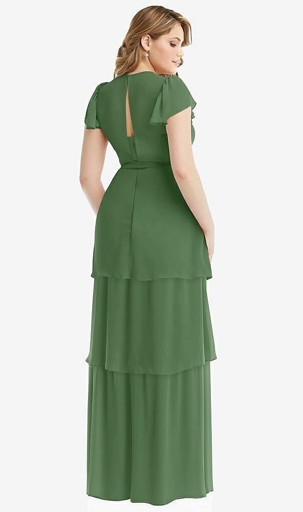 Back View - Vineyard Green Flutter Sleeve Jewel Neck Chiffon Maxi Dress with Tiered Ruffle Skirt