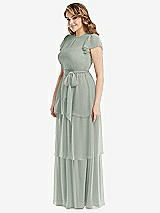 Side View Thumbnail - Willow Green Flutter Sleeve Jewel Neck Chiffon Maxi Dress with Tiered Ruffle Skirt