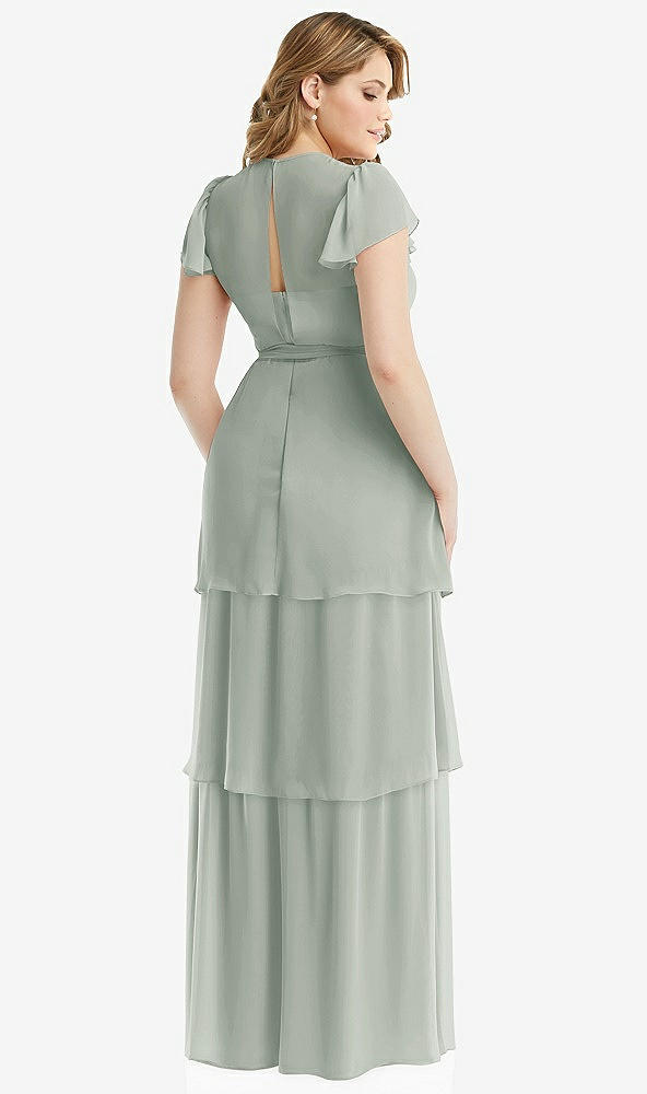 Back View - Willow Green Flutter Sleeve Jewel Neck Chiffon Maxi Dress with Tiered Ruffle Skirt