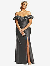 Front View Thumbnail - Caviar Gray Off-the-Shoulder Ruffle Neck Satin Trumpet Gown