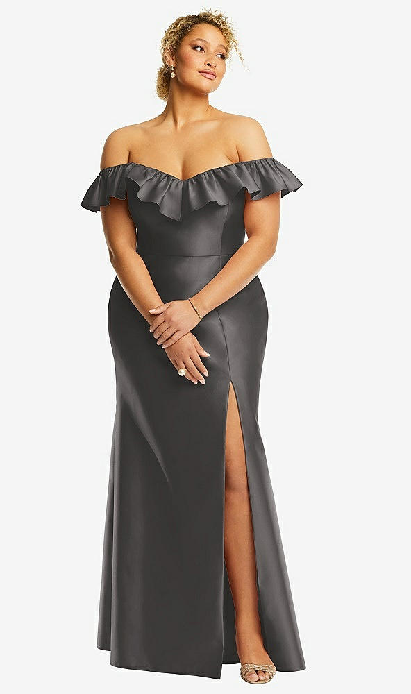 Front View - Caviar Gray Off-the-Shoulder Ruffle Neck Satin Trumpet Gown