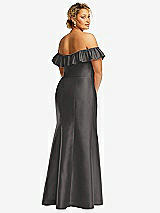 Rear View Thumbnail - Caviar Gray Off-the-Shoulder Ruffle Neck Satin Trumpet Gown