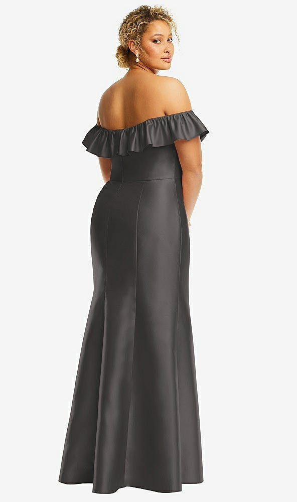 Back View - Caviar Gray Off-the-Shoulder Ruffle Neck Satin Trumpet Gown