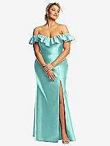 Front View Thumbnail - Coastal Off-the-Shoulder Ruffle Neck Satin Trumpet Gown