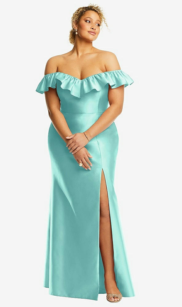 Front View - Coastal Off-the-Shoulder Ruffle Neck Satin Trumpet Gown