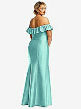 Rear View Thumbnail - Coastal Off-the-Shoulder Ruffle Neck Satin Trumpet Gown