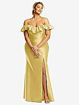 Front View Thumbnail - Maize Off-the-Shoulder Ruffle Neck Satin Trumpet Gown