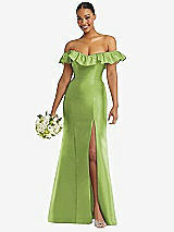 Alt View 1 Thumbnail - Mojito Off-the-Shoulder Ruffle Neck Satin Trumpet Gown