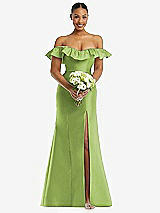 Alt View 2 Thumbnail - Mojito Off-the-Shoulder Ruffle Neck Satin Trumpet Gown