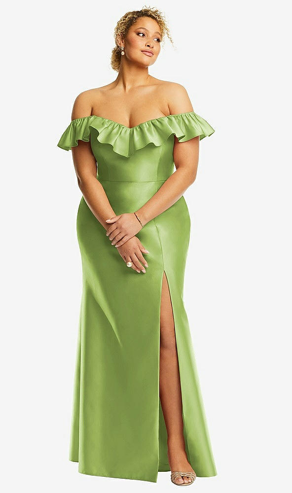 Front View - Mojito Off-the-Shoulder Ruffle Neck Satin Trumpet Gown