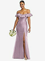 Alt View 1 Thumbnail - Suede Rose Off-the-Shoulder Ruffle Neck Satin Trumpet Gown