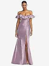 Alt View 3 Thumbnail - Suede Rose Off-the-Shoulder Ruffle Neck Satin Trumpet Gown