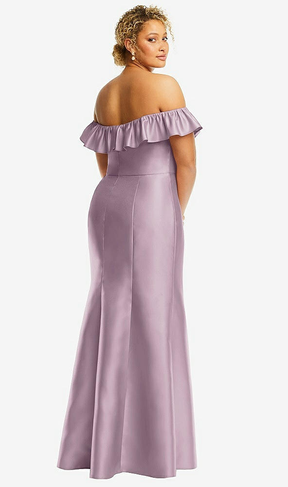 Back View - Suede Rose Off-the-Shoulder Ruffle Neck Satin Trumpet Gown
