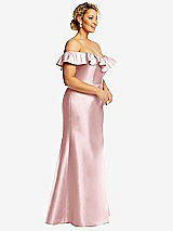 Side View Thumbnail - Ballet Pink Off-the-Shoulder Ruffle Neck Satin Trumpet Gown