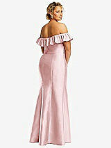 Rear View Thumbnail - Ballet Pink Off-the-Shoulder Ruffle Neck Satin Trumpet Gown