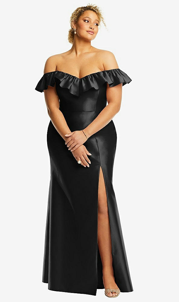 Front View - Black Off-the-Shoulder Ruffle Neck Satin Trumpet Gown
