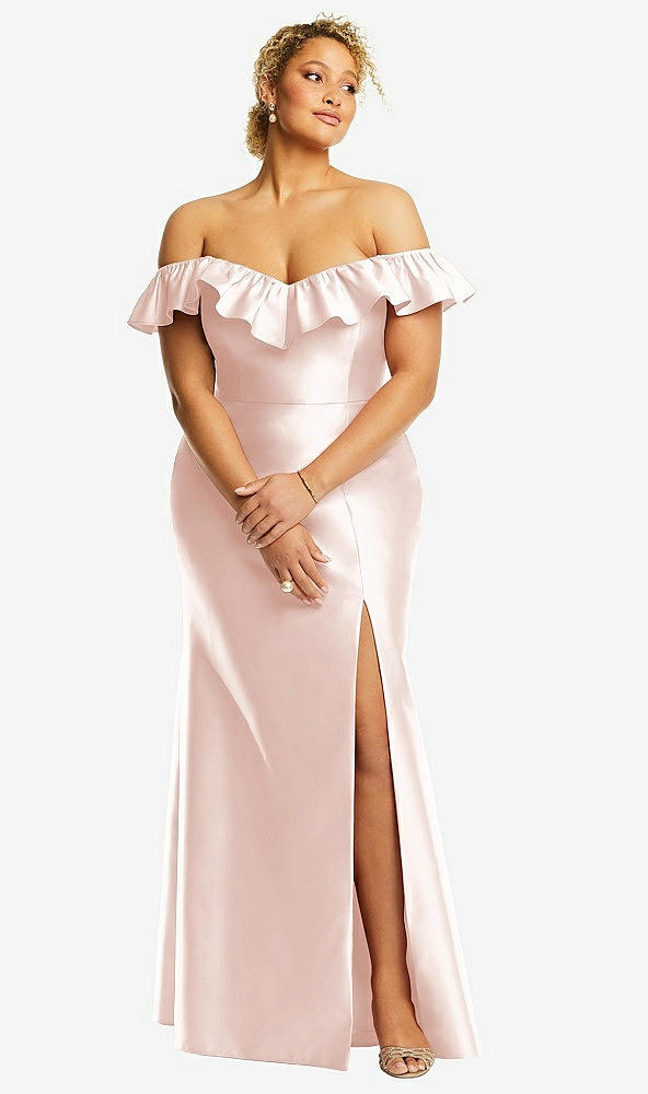 Front View - Blush Off-the-Shoulder Ruffle Neck Satin Trumpet Gown