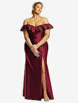 Front View Thumbnail - Burgundy Off-the-Shoulder Ruffle Neck Satin Trumpet Gown