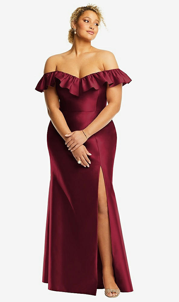Front View - Burgundy Off-the-Shoulder Ruffle Neck Satin Trumpet Gown