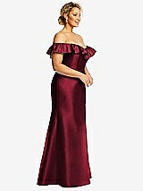 Side View Thumbnail - Burgundy Off-the-Shoulder Ruffle Neck Satin Trumpet Gown