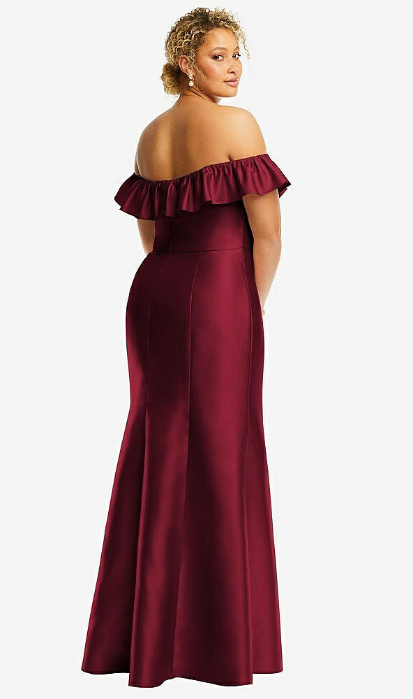 Back View - Burgundy Off-the-Shoulder Ruffle Neck Satin Trumpet Gown