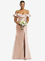 Alt View 2 Thumbnail - Cameo Off-the-Shoulder Ruffle Neck Satin Trumpet Gown