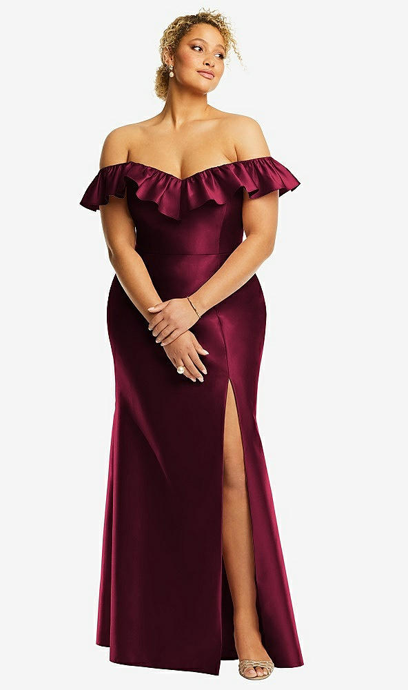 Front View - Cabernet Off-the-Shoulder Ruffle Neck Satin Trumpet Gown