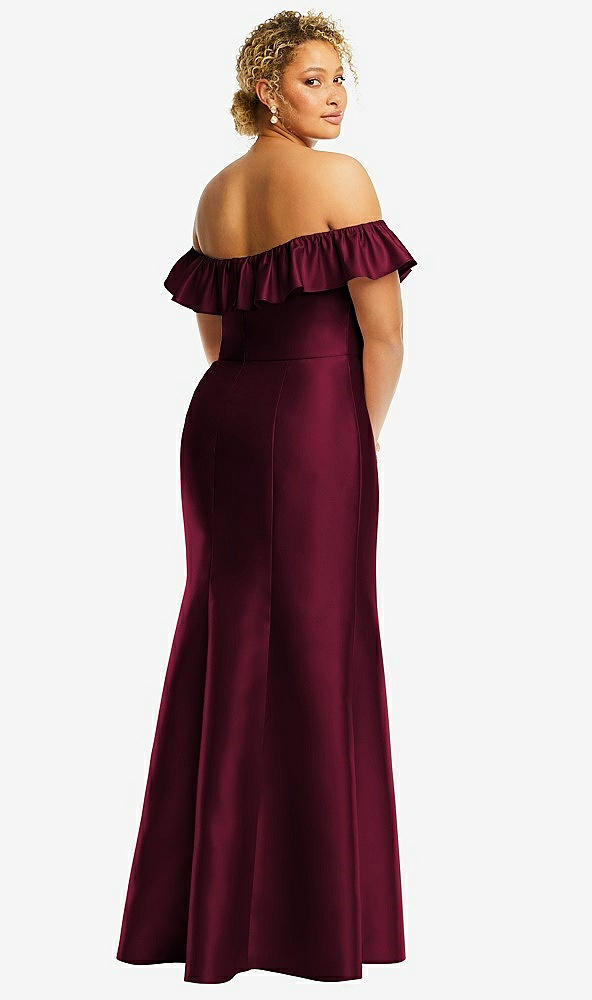 Back View - Cabernet Off-the-Shoulder Ruffle Neck Satin Trumpet Gown