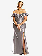 Front View Thumbnail - Cashmere Gray Off-the-Shoulder Ruffle Neck Satin Trumpet Gown