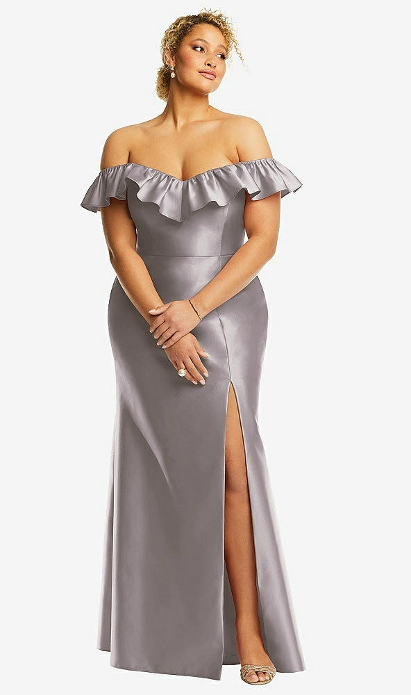 Front View - Cashmere Gray Off-the-Shoulder Ruffle Neck Satin Trumpet Gown