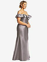 Side View Thumbnail - Cashmere Gray Off-the-Shoulder Ruffle Neck Satin Trumpet Gown