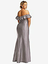 Rear View Thumbnail - Cashmere Gray Off-the-Shoulder Ruffle Neck Satin Trumpet Gown