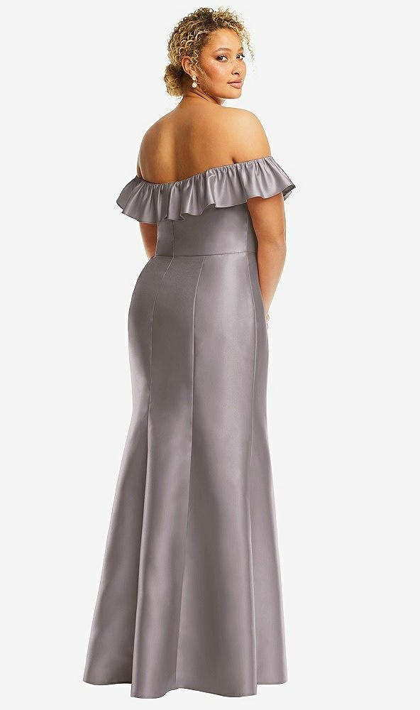 Back View - Cashmere Gray Off-the-Shoulder Ruffle Neck Satin Trumpet Gown