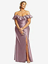 Front View Thumbnail - Dusty Rose Off-the-Shoulder Ruffle Neck Satin Trumpet Gown