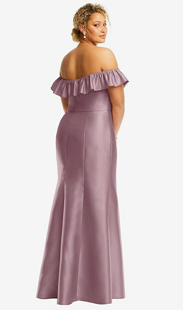 Back View - Dusty Rose Off-the-Shoulder Ruffle Neck Satin Trumpet Gown