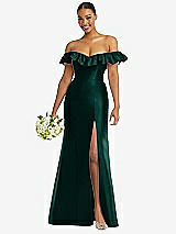 Alt View 1 Thumbnail - Evergreen Off-the-Shoulder Ruffle Neck Satin Trumpet Gown