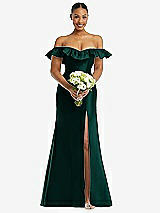 Alt View 2 Thumbnail - Evergreen Off-the-Shoulder Ruffle Neck Satin Trumpet Gown