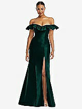 Alt View 3 Thumbnail - Evergreen Off-the-Shoulder Ruffle Neck Satin Trumpet Gown