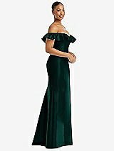 Alt View 4 Thumbnail - Evergreen Off-the-Shoulder Ruffle Neck Satin Trumpet Gown